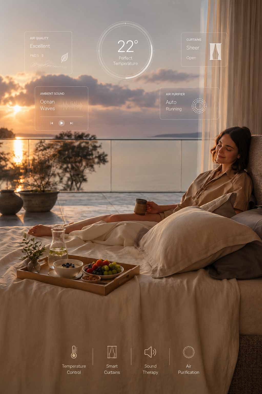 Breakfast in bed inside a smart villa overlooking the sea at sunset