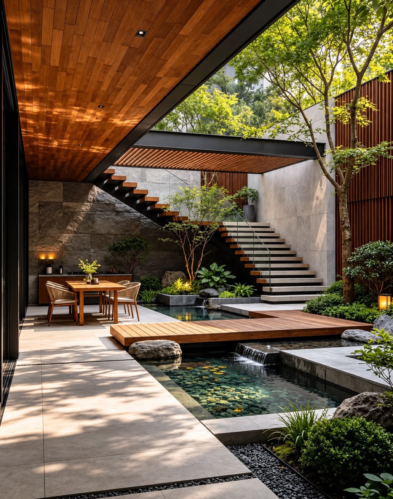 Timber-lined living pavilion opening onto a planted courtyard