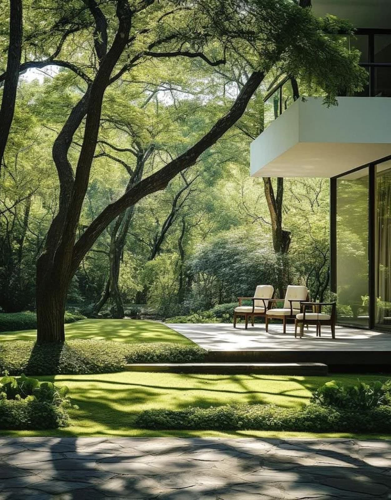 Lawn and mature trees with lounge chairs in dappled light