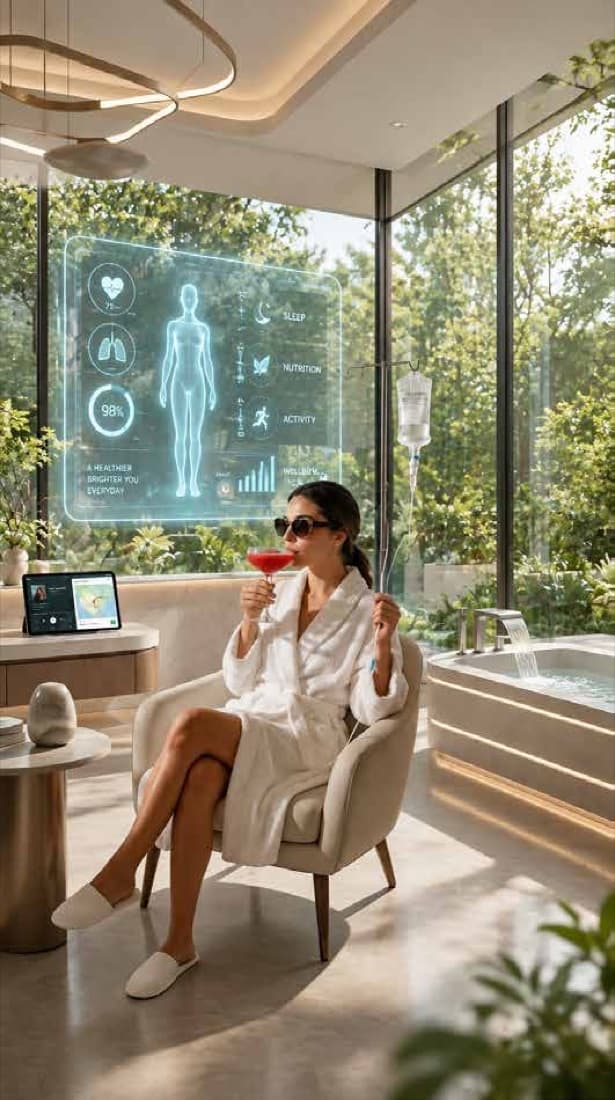 Guest in a longevity lounge with a health hologram