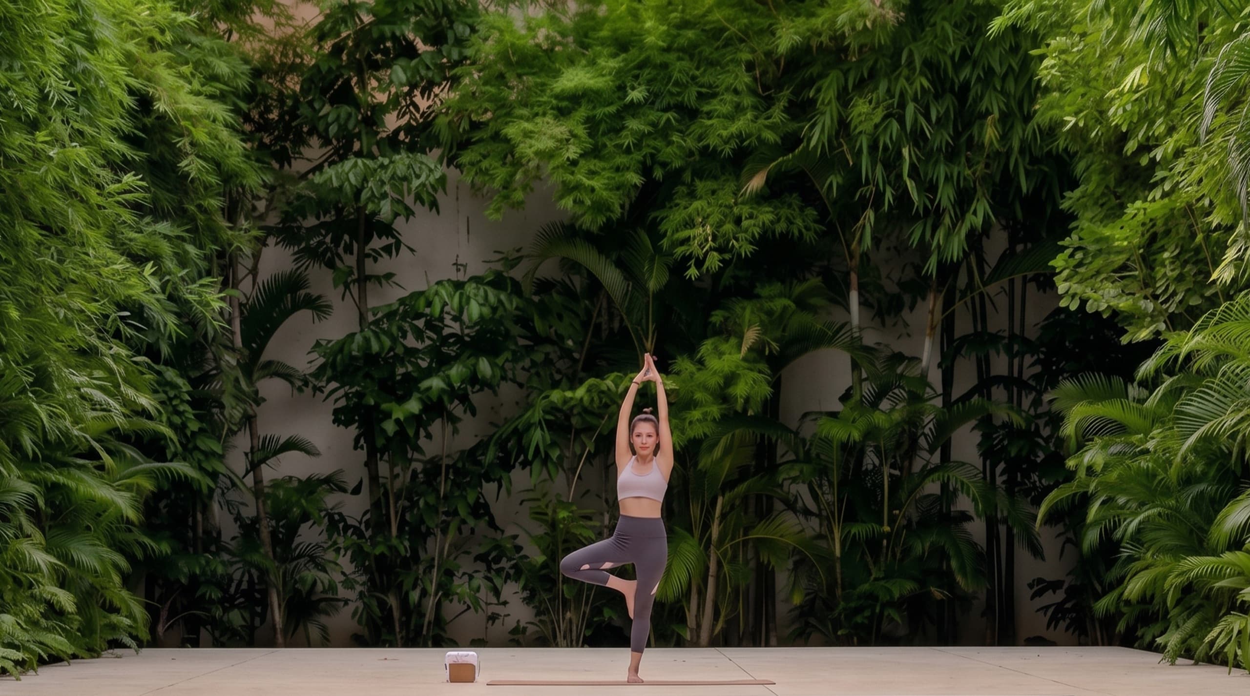 Yoga practice on a terrace framed by dense tropical planting